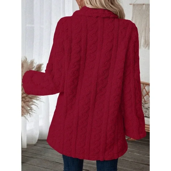 minimalist Double Breasted Lapel collar ribbed knit teddy Coat - Picture 10 of 11